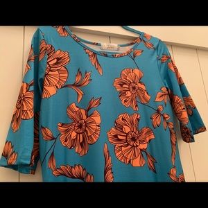 Sign Here Signature Clothing Dress, beautiful blue w/ vibrant orange flowers, LG